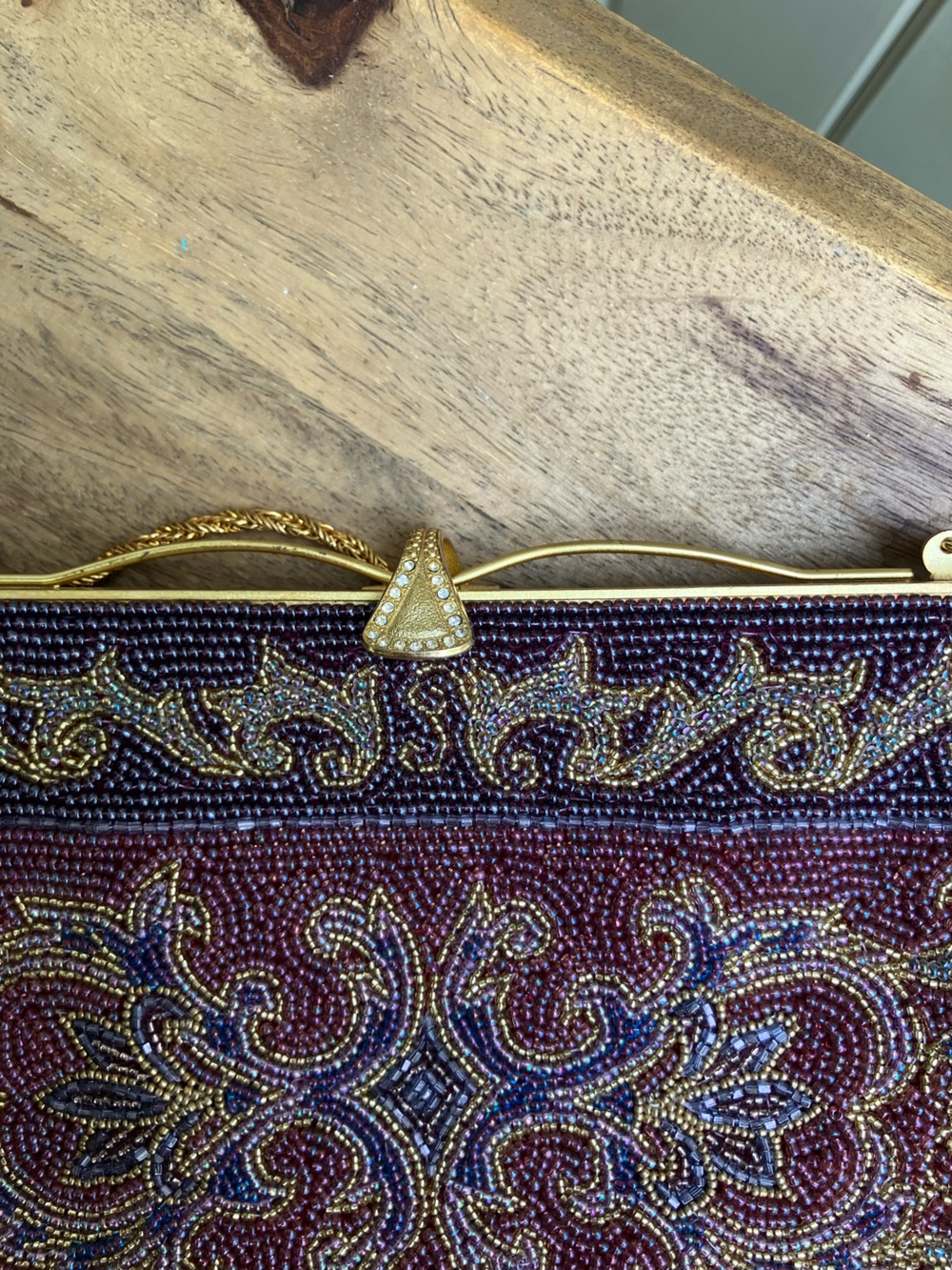 Beaded purple evening bag handbag formal gold chain clasp close vintage look - Picture 4 of 14